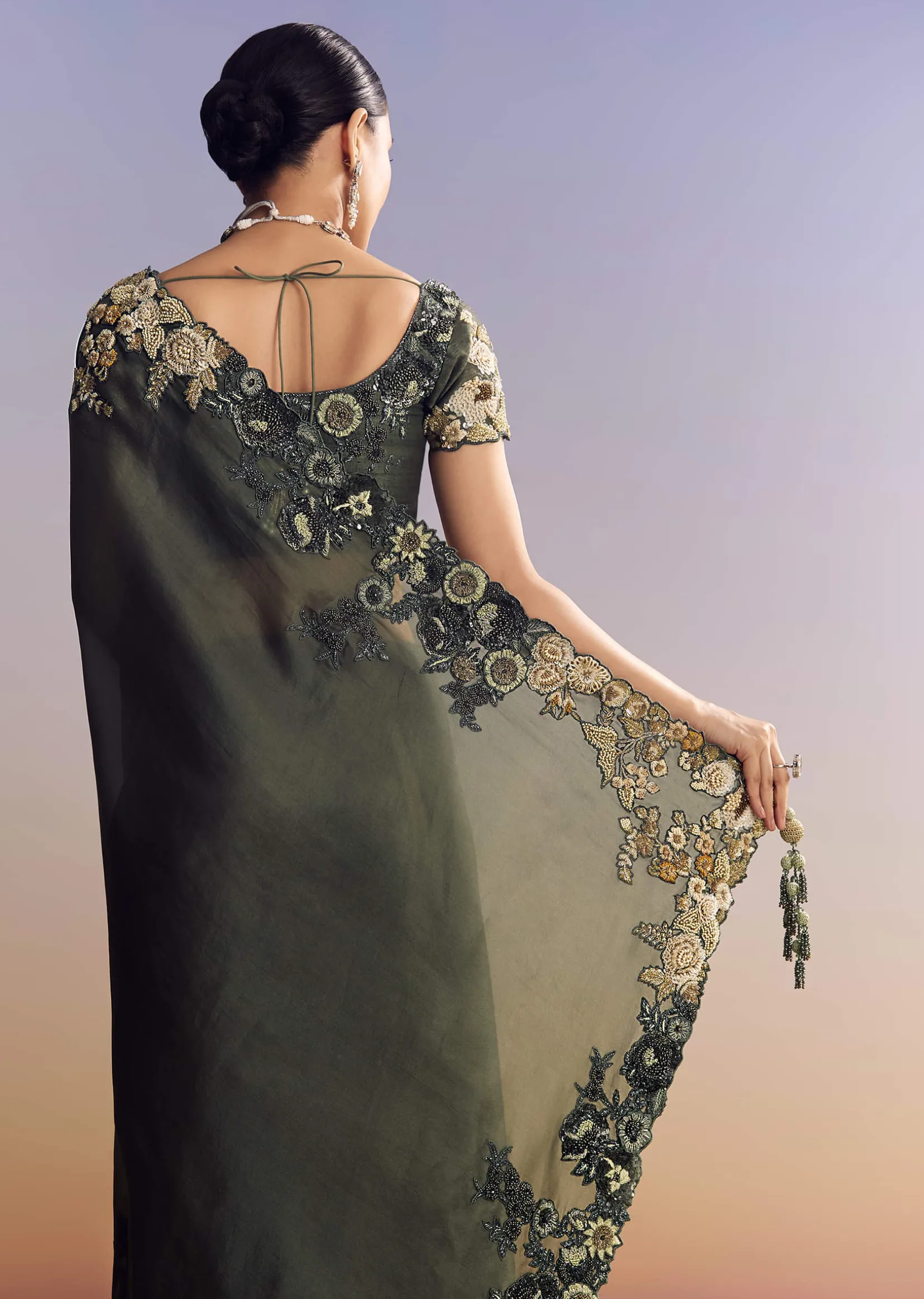 Olive Green Tissue Saree With Cutwork Border And Heavy Embroidery