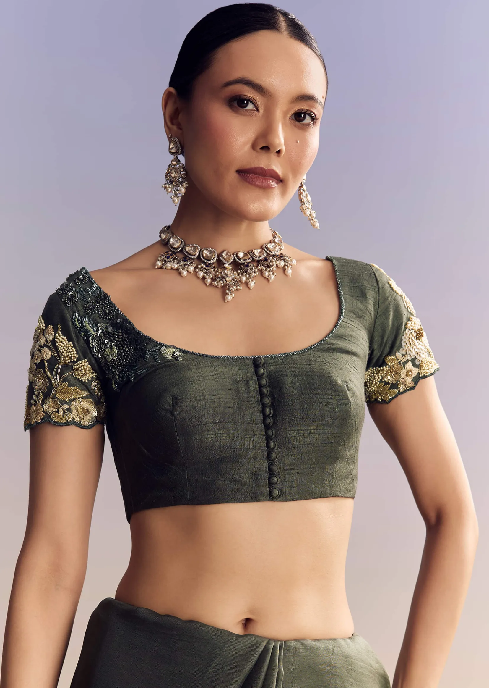 Olive Green Tissue Saree With Cutwork Border And Heavy Embroidery