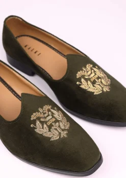 Olive Green Velvet Jutti With Hand Work For Men