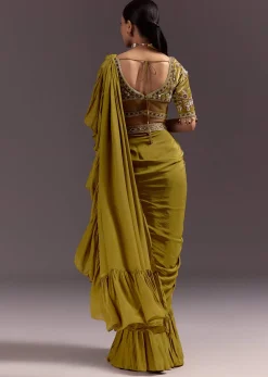Olive Green Velvet Saree With Frilled Pallu And Heavy Embroidered Blouse