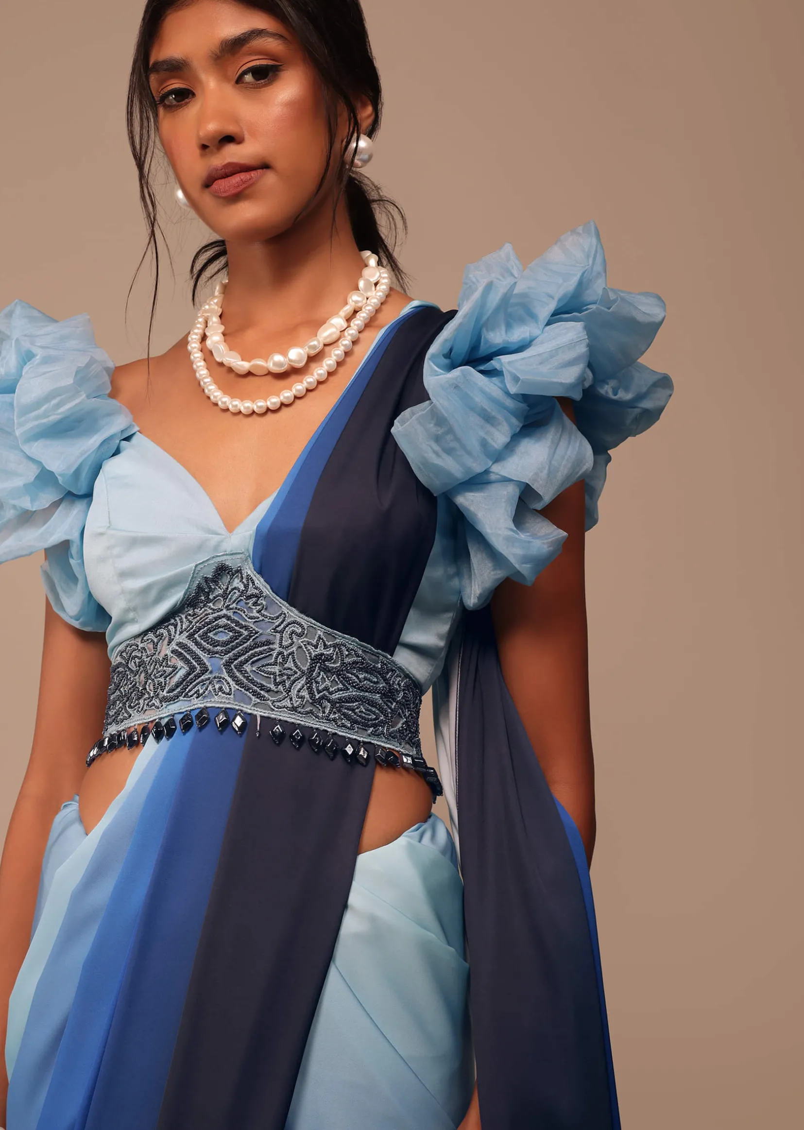 Ombre Blue Satin Saree With Fancy Organza Ruffle Blouse