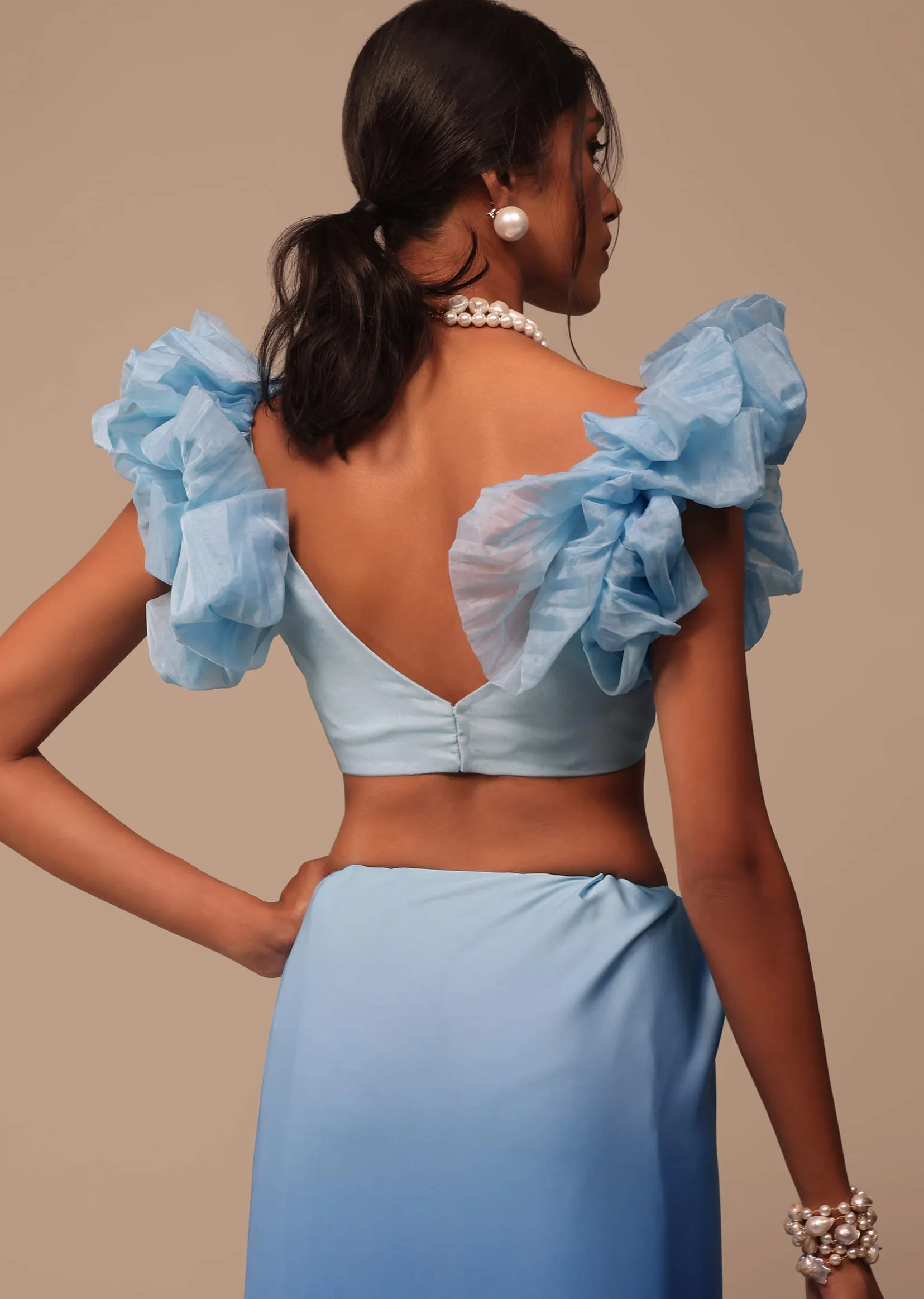 Ombre Blue Satin Saree With Fancy Organza Ruffle Blouse