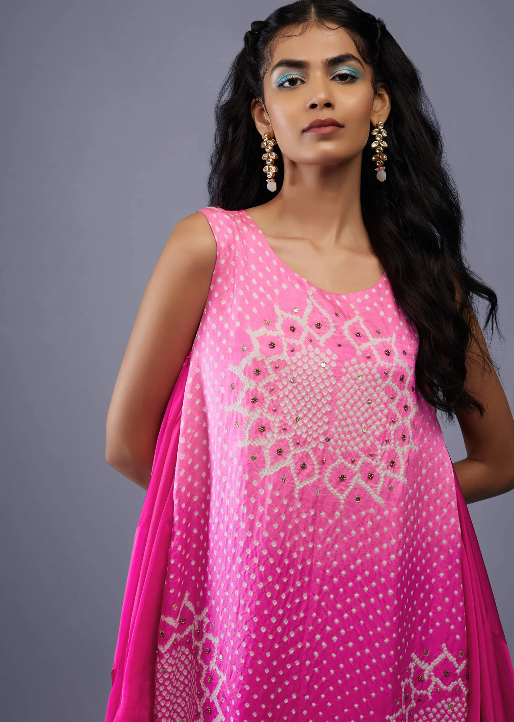 Ombre Fuschia Pink Bandhani Tunic Top In Gajji Silk With Printed Silk Cowl Dhoti