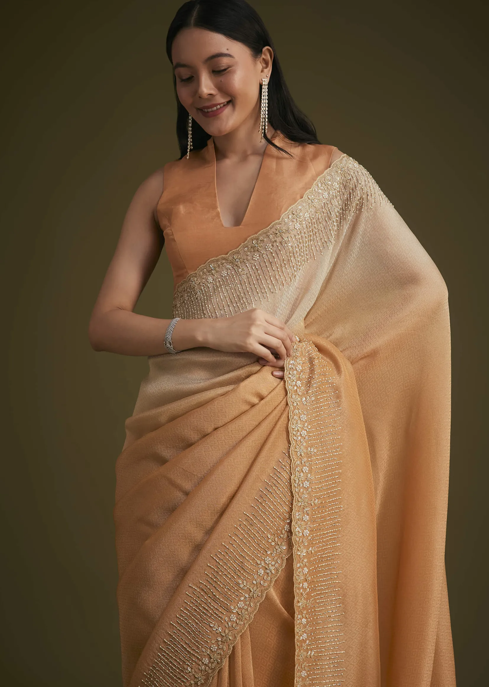 Ombre Orange Jacquard Saree With Cutdana And Stone Embroidery