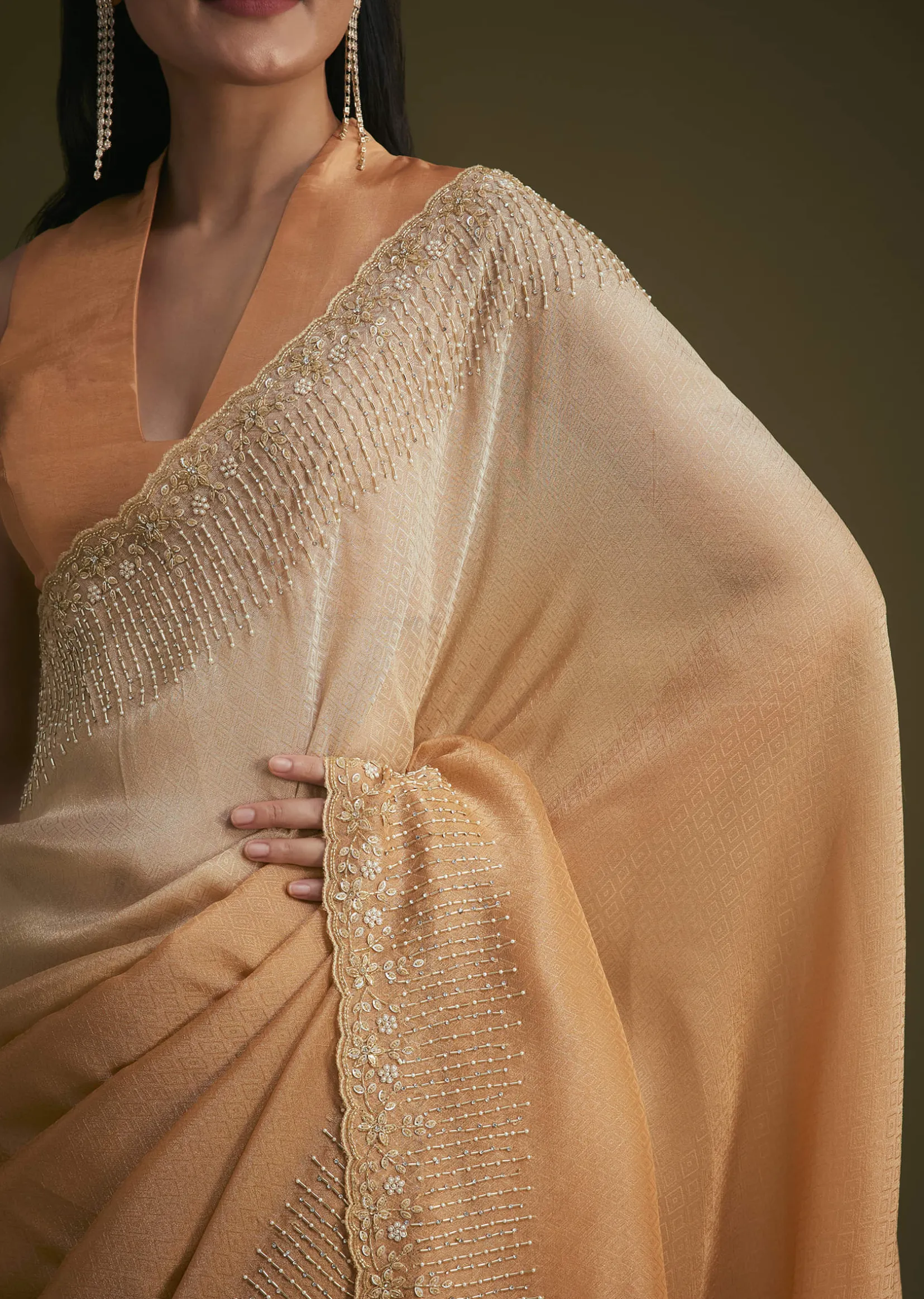 Ombre Orange Jacquard Saree With Cutdana And Stone Embroidery