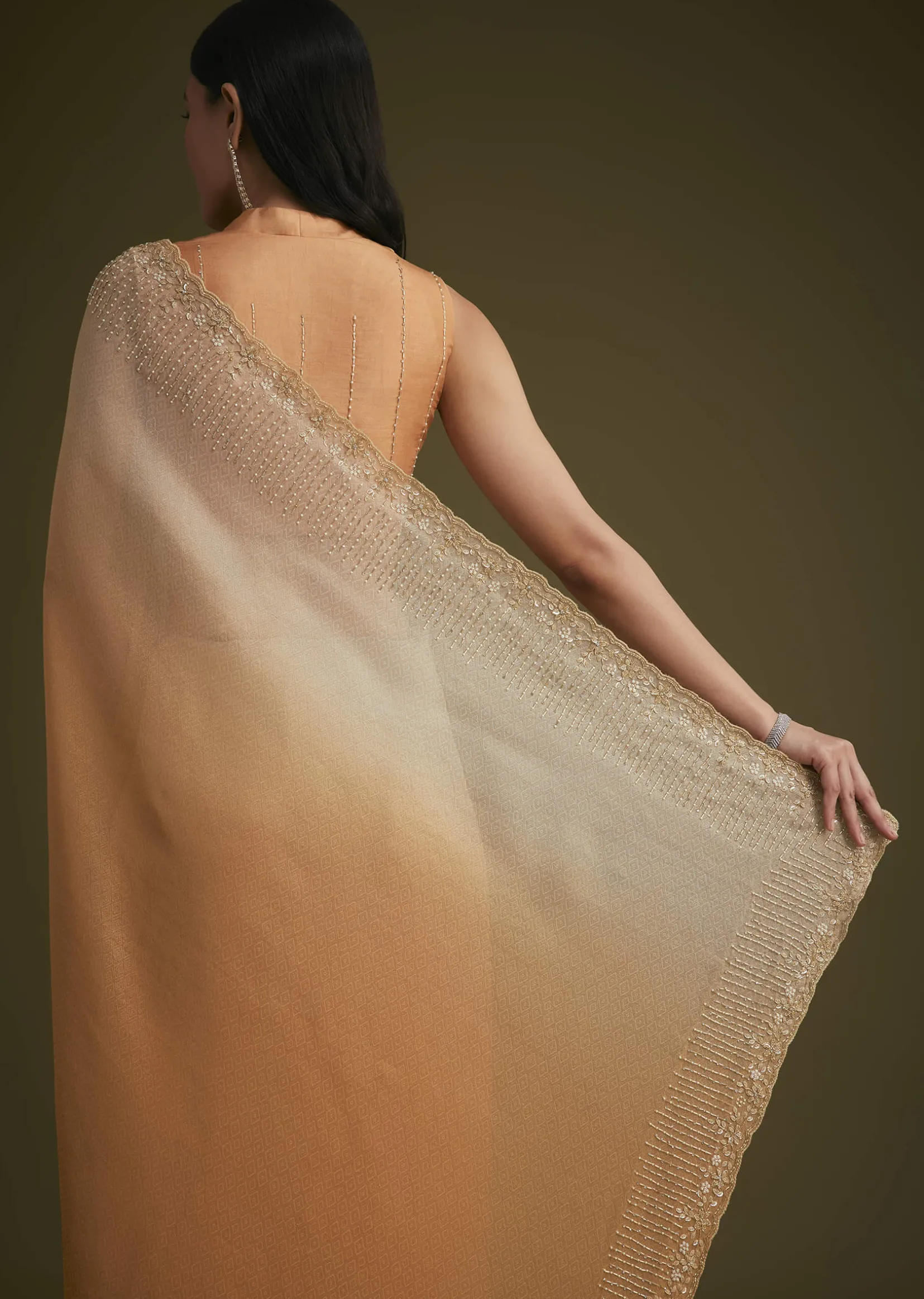 Ombre Orange Jacquard Saree With Cutdana And Stone Embroidery