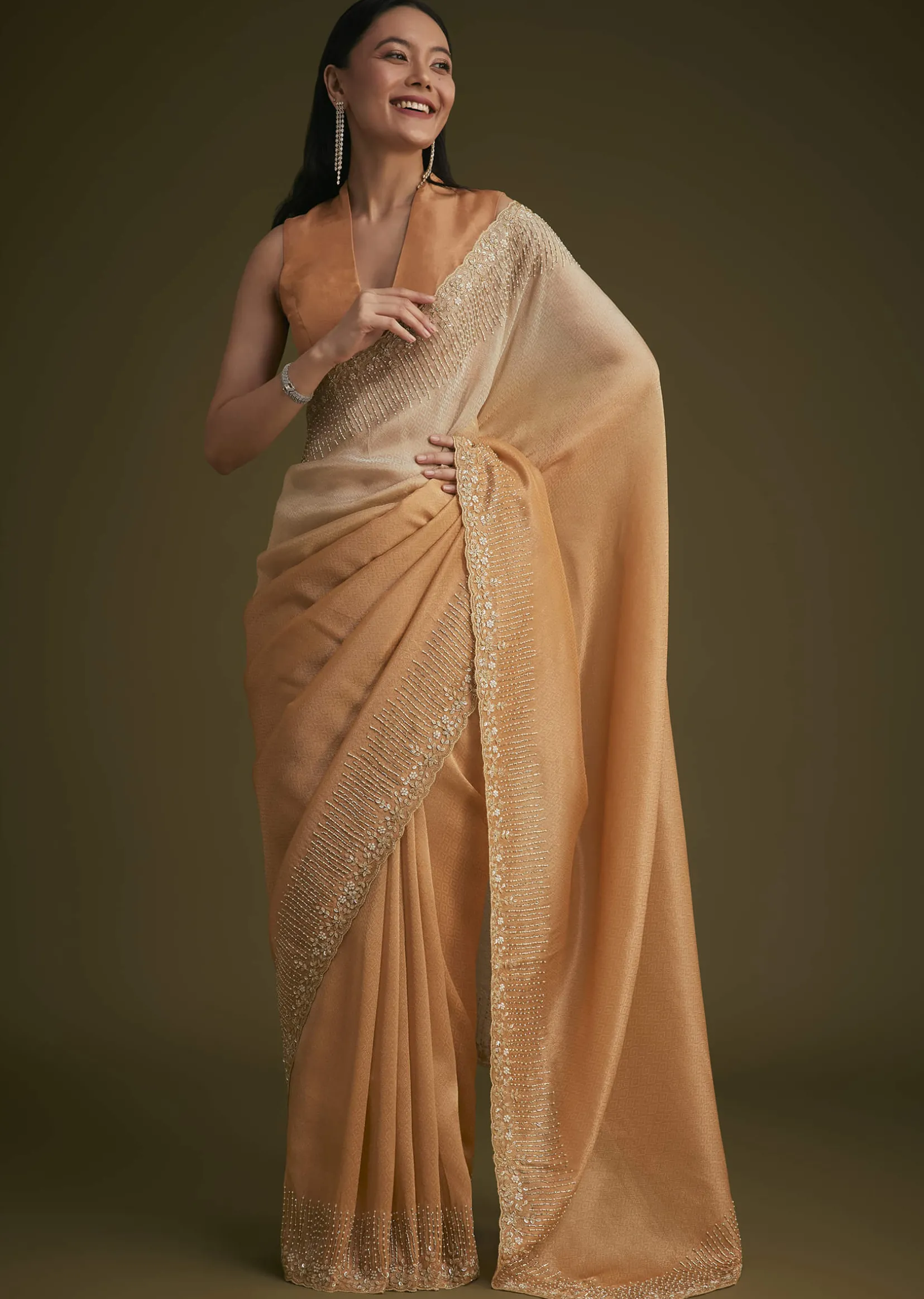 Ombre Orange Jacquard Saree With Cutdana And Stone Embroidery