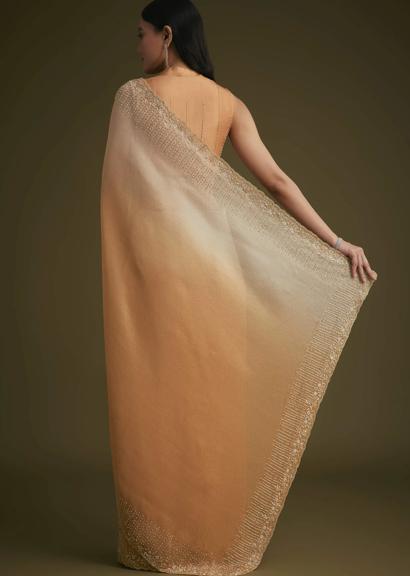 Ombre Orange Jacquard Saree With Cutdana And Stone Embroidery