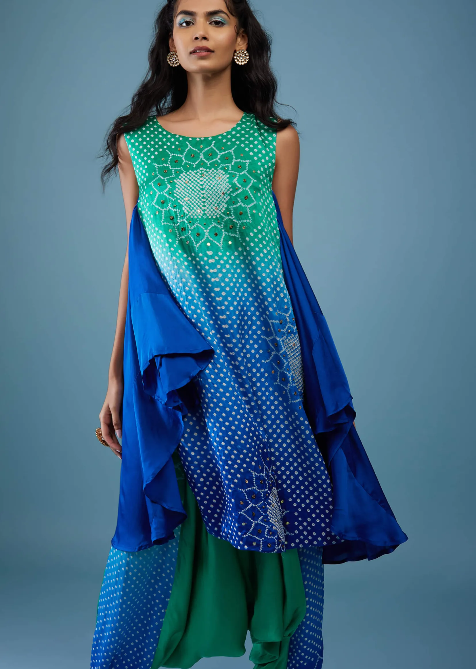 Ombre Shaded Indigo And Mint Blue Bandhani Tunic Top In Gajji Silk With Printed Silk Cowl Dhoti
