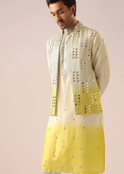 Ombre Yellow Jacket And Kurta Set with Mirror Work