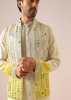 Ombre Yellow Jacket And Kurta Set with Mirror Work