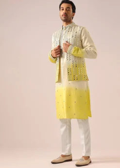 Ombre Yellow Jacket And Kurta Set with Mirror Work