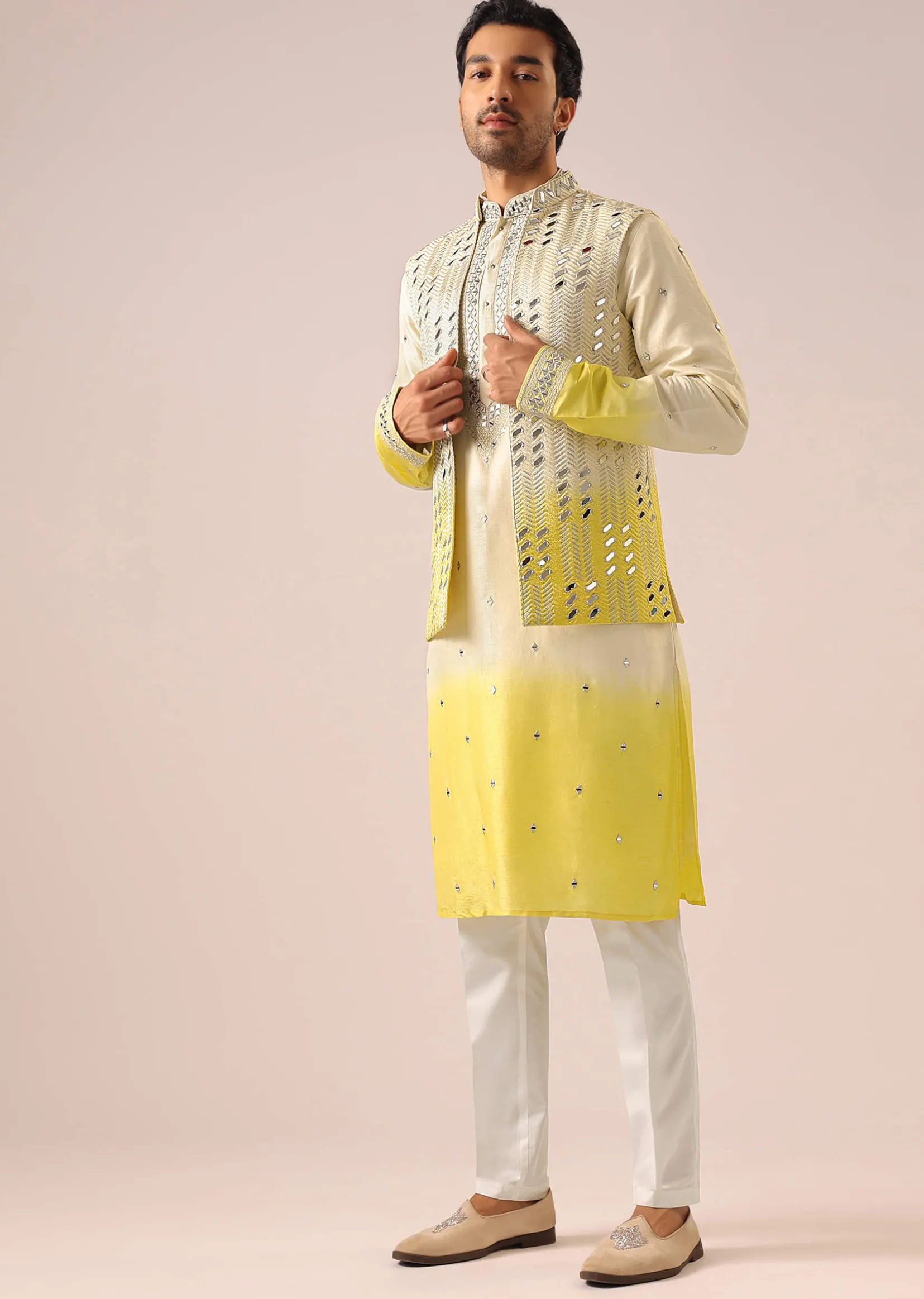 Ombre Yellow Jacket And Kurta Set with Mirror Work