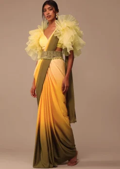 Ombre Yellow Satin Saree With Cut Work Belt