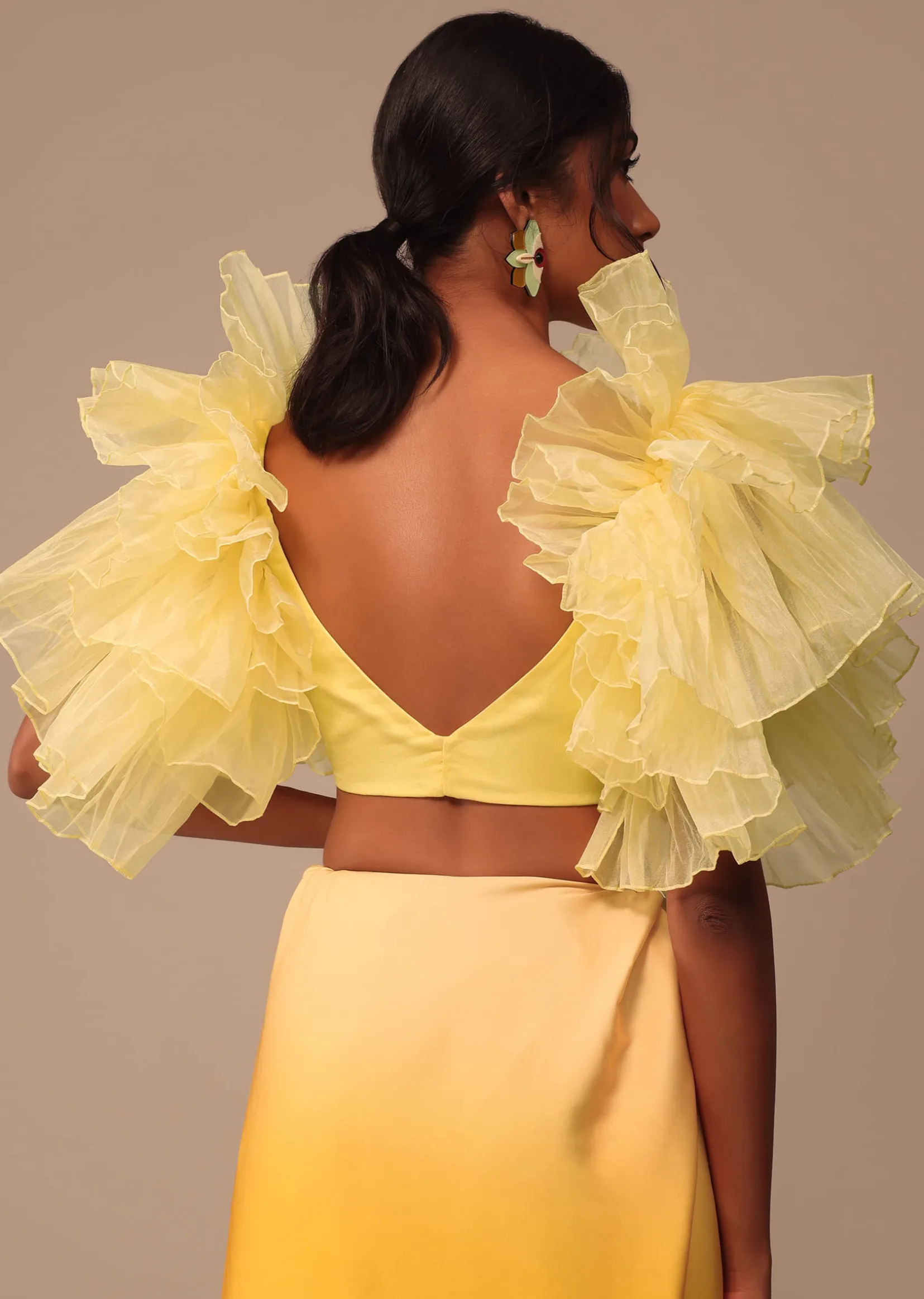 Ombre Yellow Satin Saree With Cut Work Belt