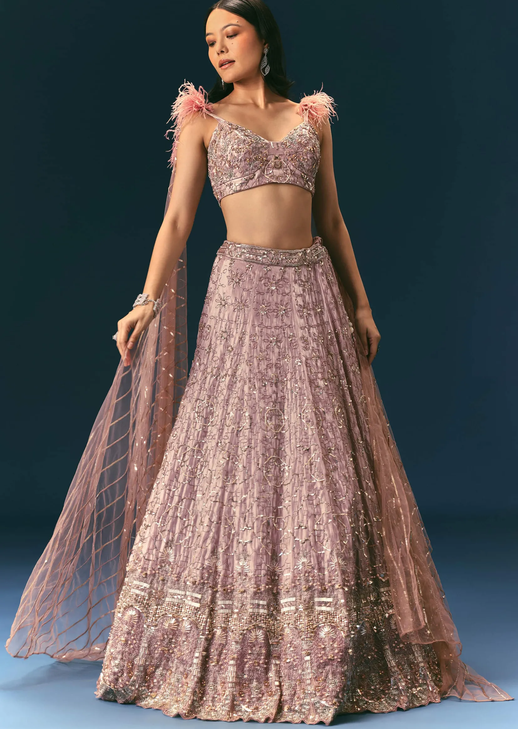 Onion Organza Lehenga And Blouse Set With Choker Dupatta
