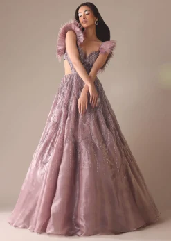 Onion Pink Bridal Gown With Feathered Sleeves And Heavy Embroidery