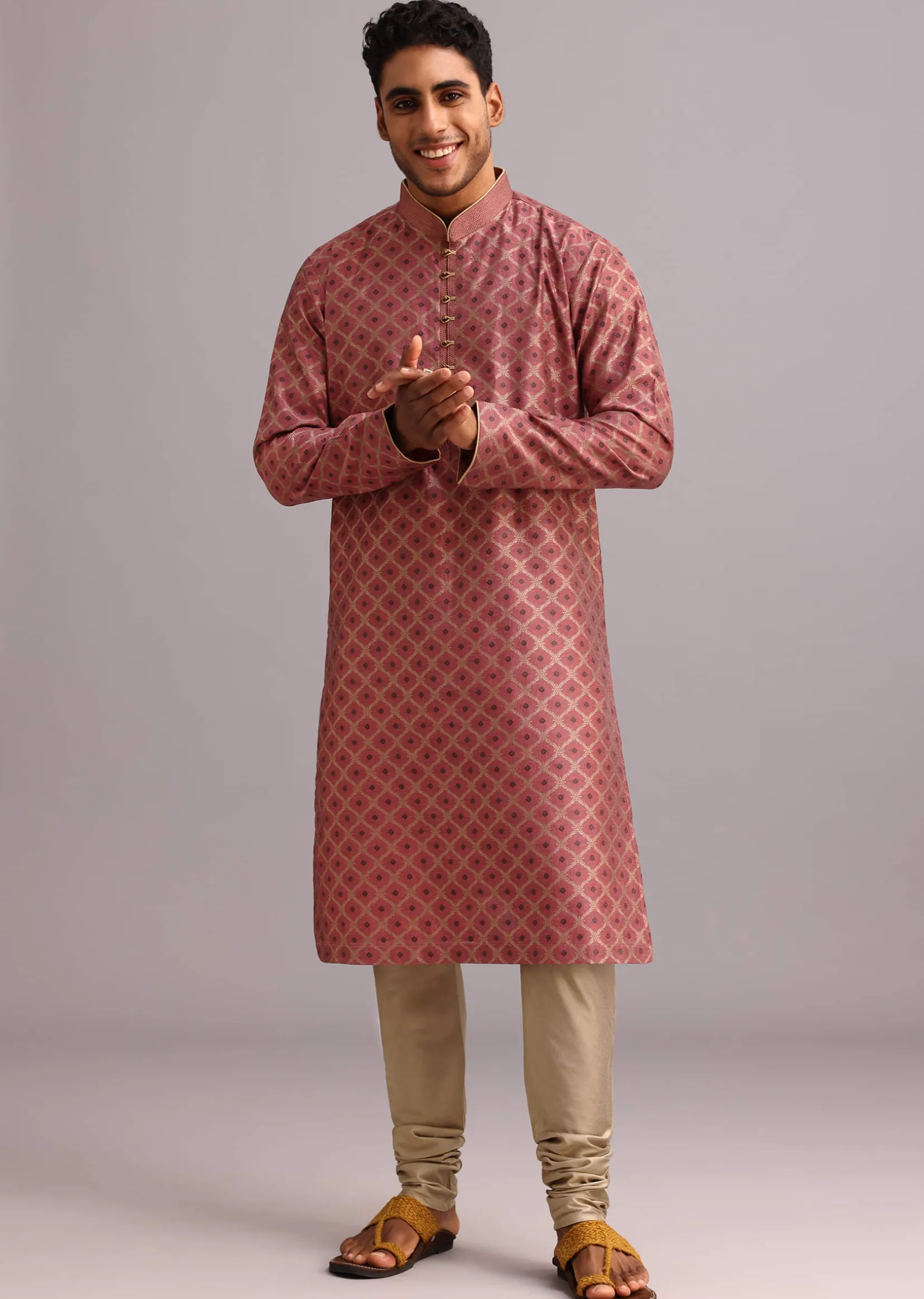 Onion Pink Chanderi Jacquard Printed Kurta Set