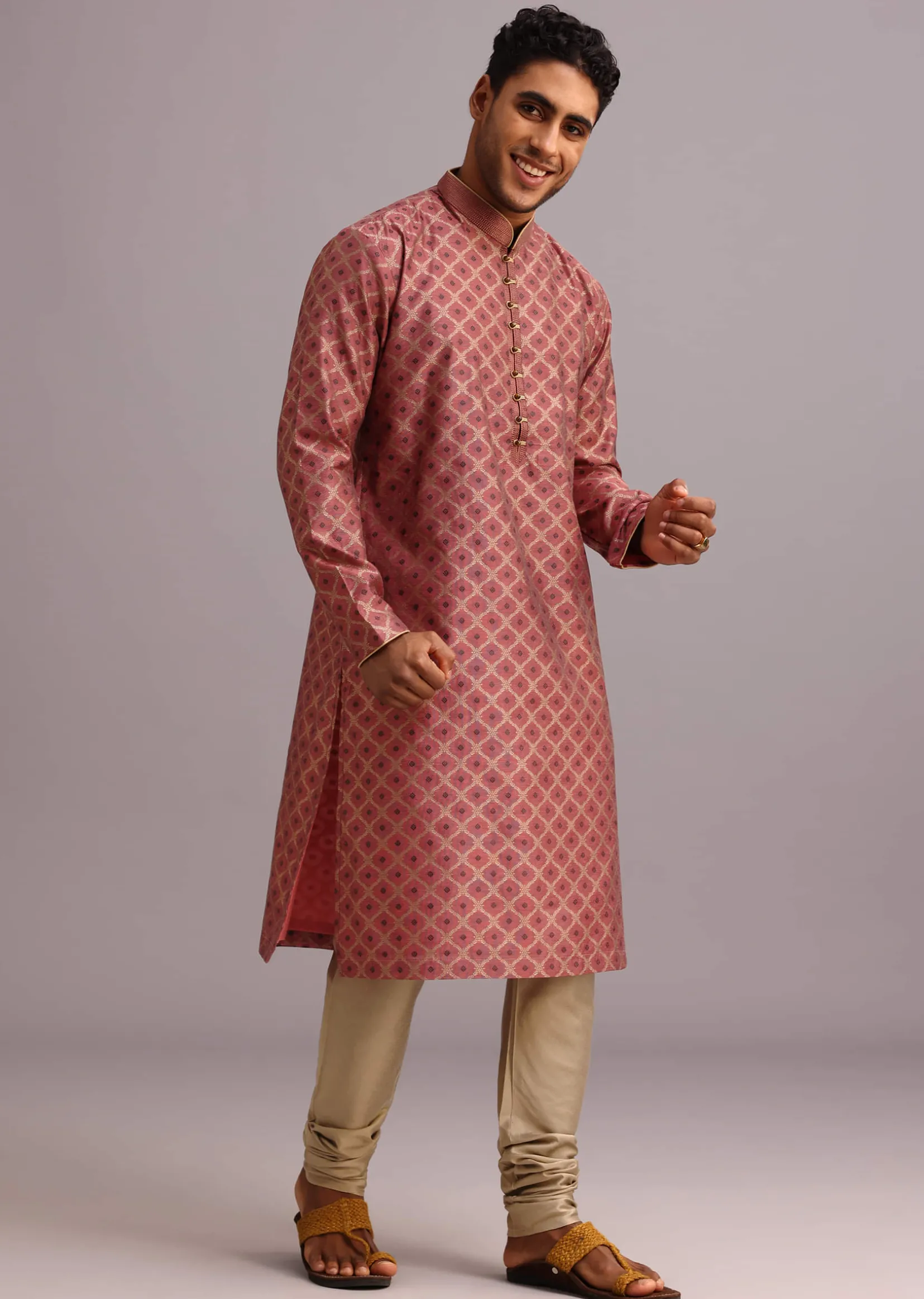 Onion Pink Chanderi Jacquard Printed Kurta Set