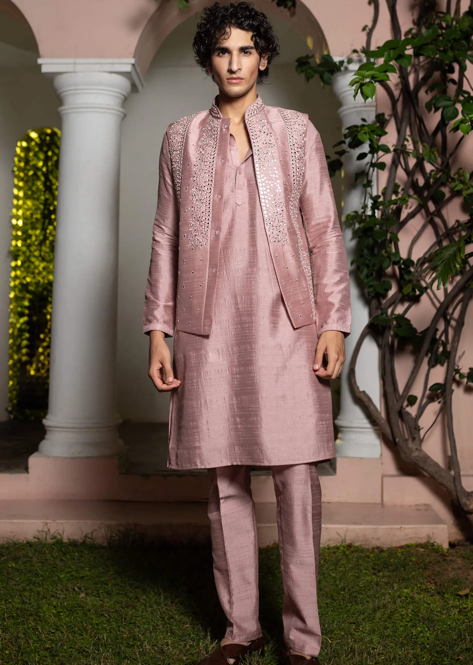 Onion Pink Cotton Silk Kurta Jacket Set With Resham And Mirror Work