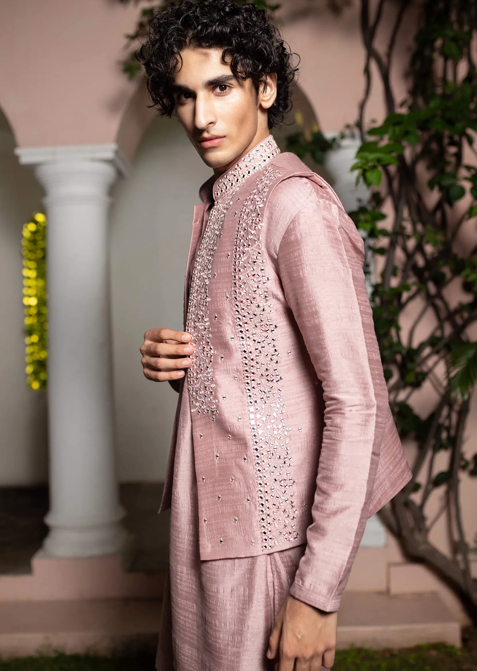 Onion Pink Cotton Silk Kurta Jacket Set With Resham And Mirror Work