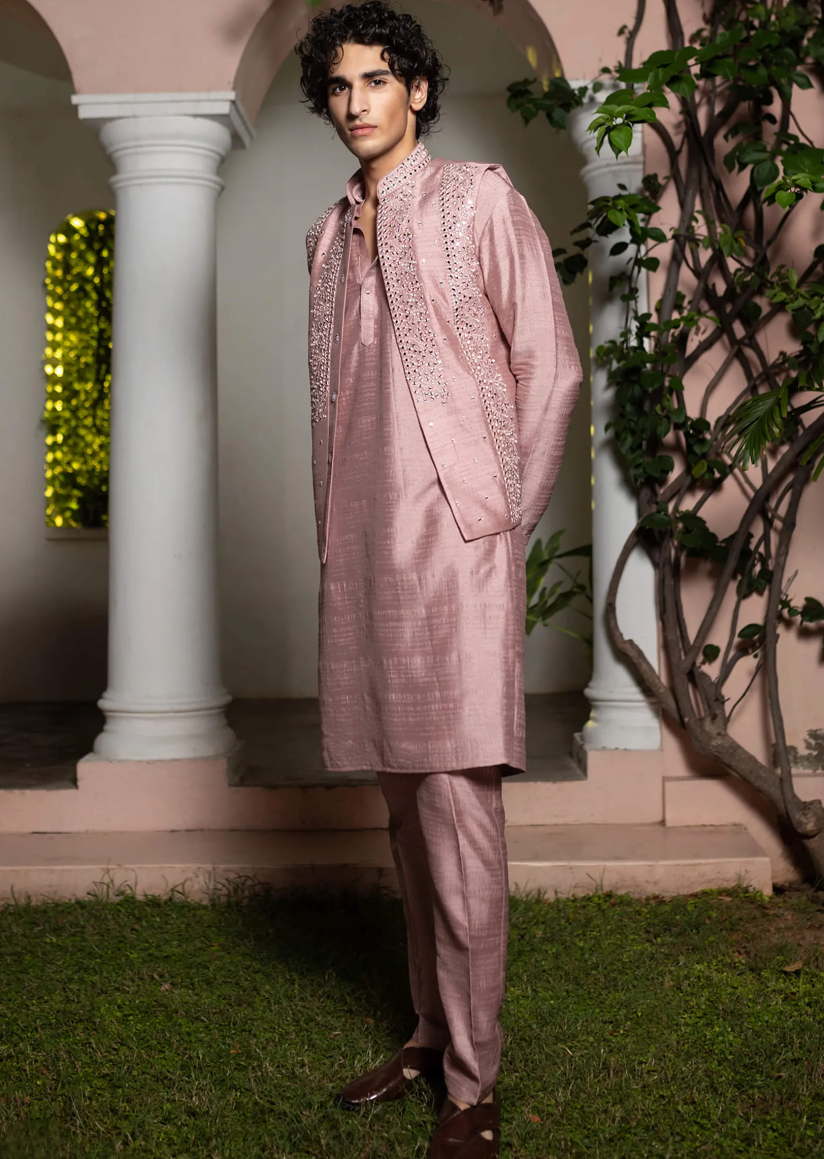 Onion Pink Cotton Silk Kurta Jacket Set With Resham And Mirror Work