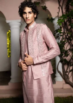 Onion Pink Cotton Silk Kurta Jacket Set With Resham And Mirror Work