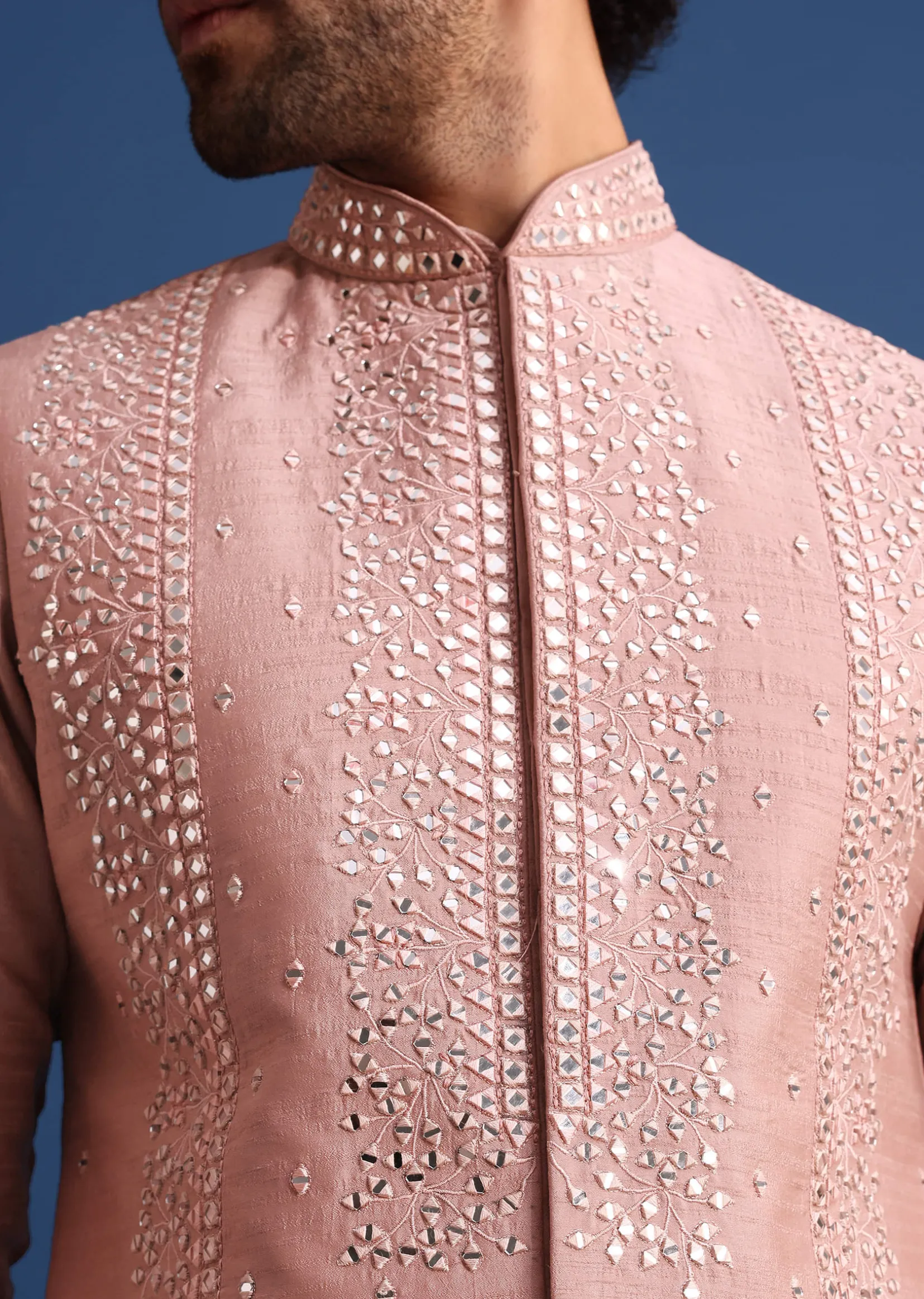 Onion Pink Cotton Silk Kurta Jacket Set With Resham And Mirror Work