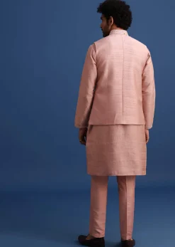 Onion Pink Cotton Silk Kurta Jacket Set With Resham And Mirror Work