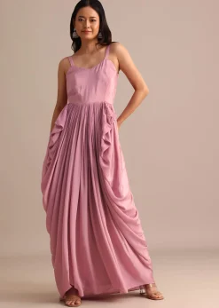 Onion Pink Crepe Pleated Gown With Embroidered Jacket