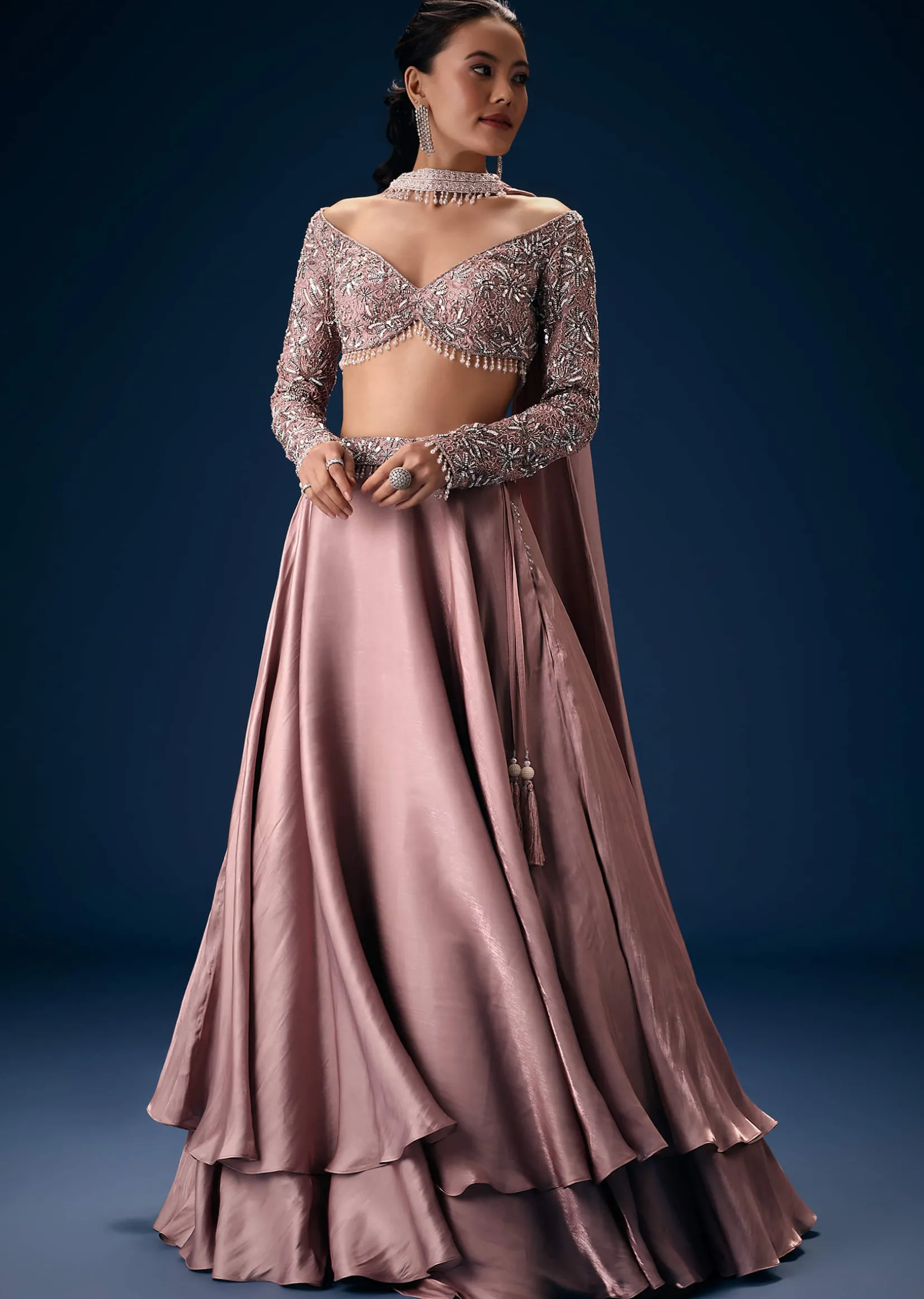 Onion Pink Embroidered Blouse With Lehenga And Choker Dupatta