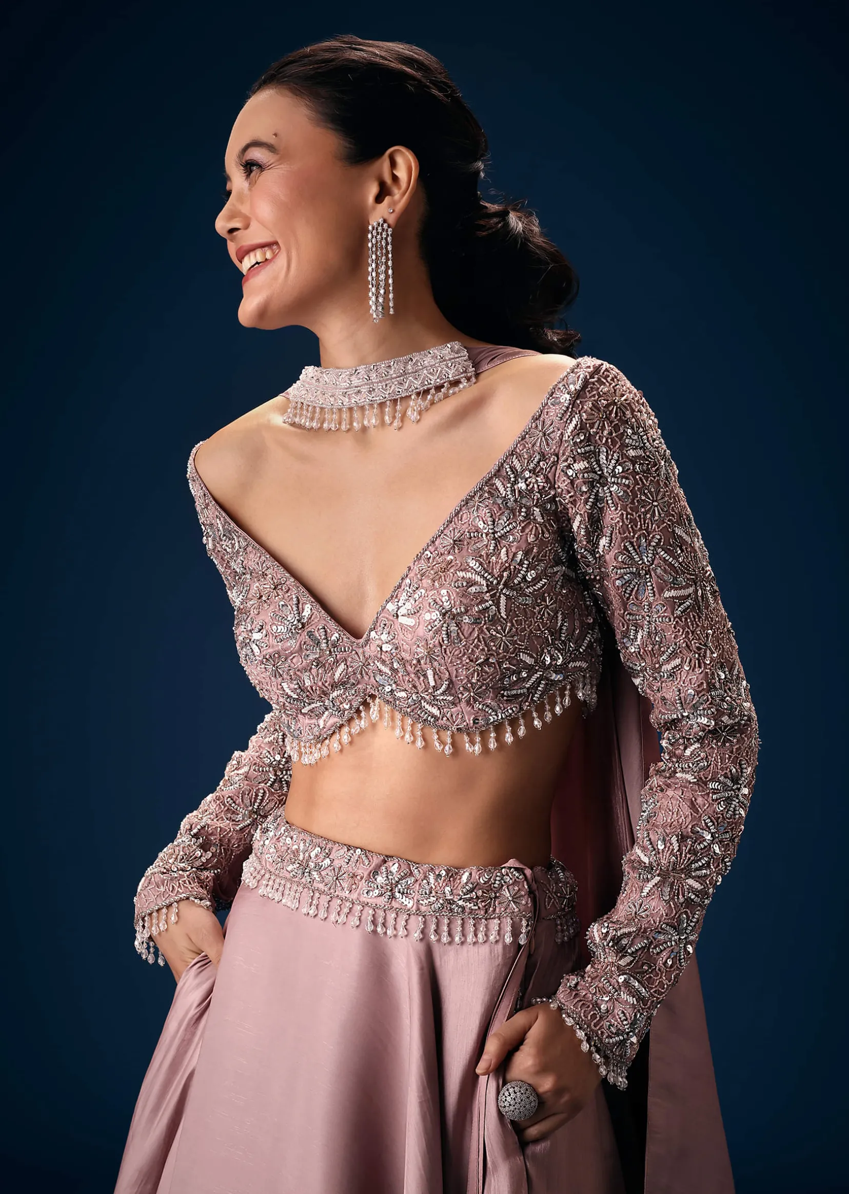 Onion Pink Embroidered Blouse With Lehenga And Choker Dupatta