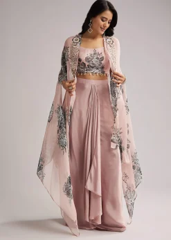 Onion Pink Floral Cape Set With Crop Top And Skirt