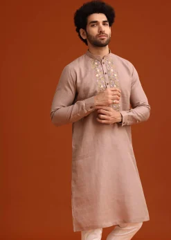 Onion Pink Floral Resham Hand Embroidered Kurta Set In Linen