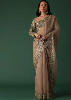 Onion Pink Foil Printed Saree And Blouse In Organza