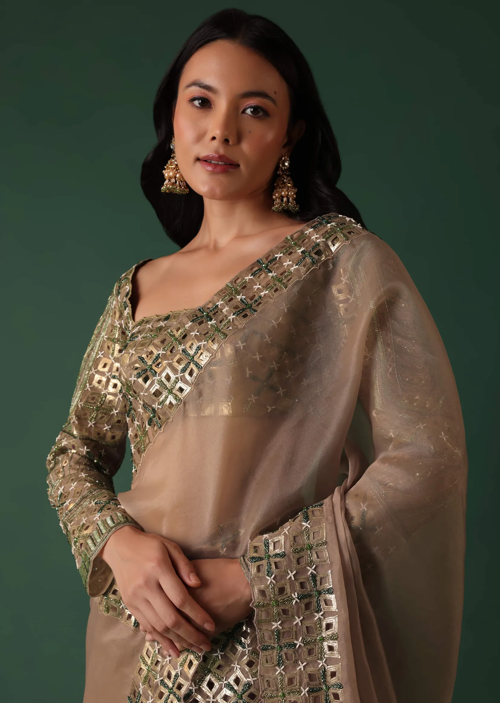 Onion Pink Foil Printed Saree And Blouse In Organza