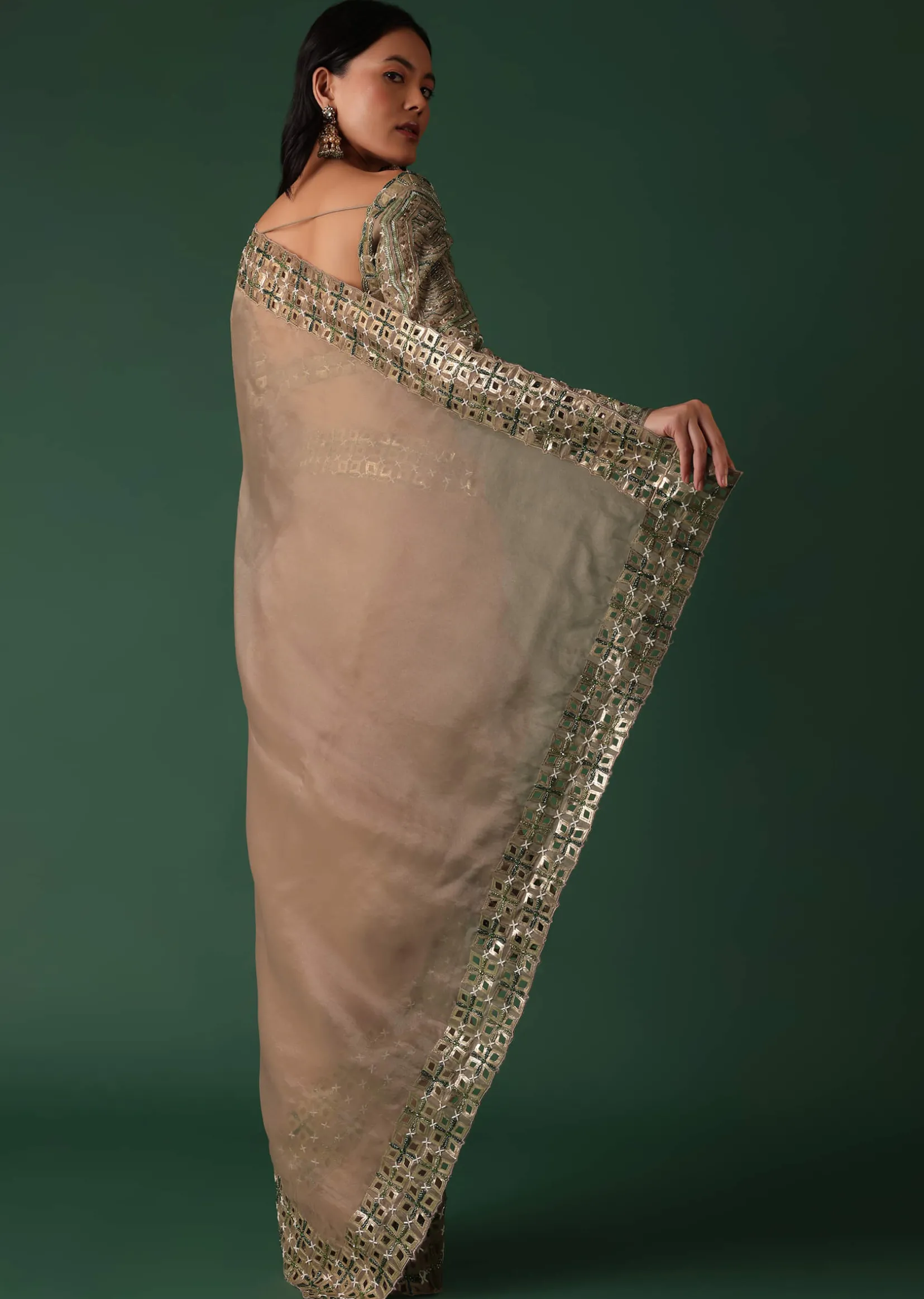 Onion Pink Foil Printed Saree And Blouse In Organza