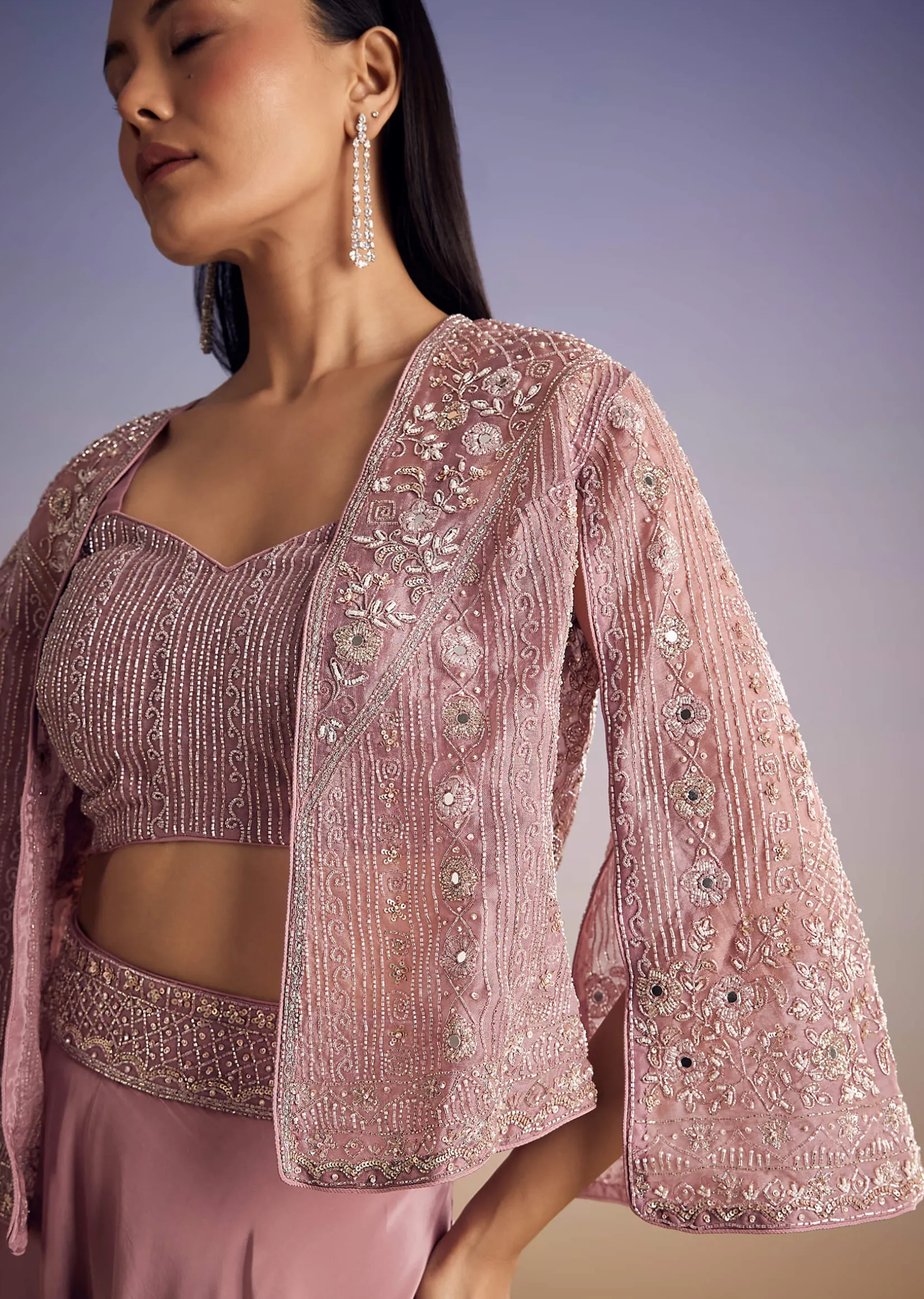 Onion Pink Organza Jacket Set With Cutdana And Beads Work