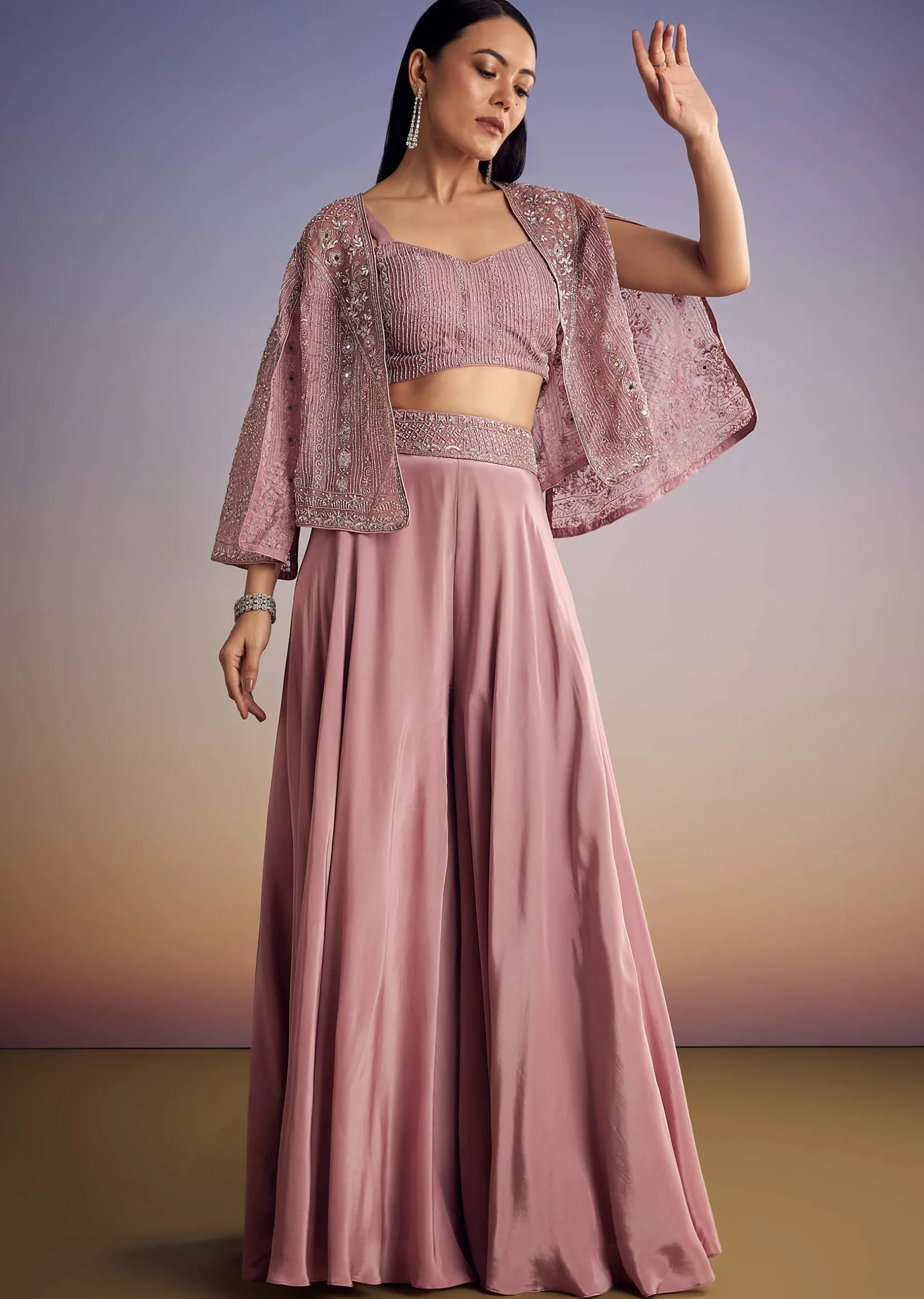 Onion Pink Organza Jacket Set With Cutdana And Beads Work