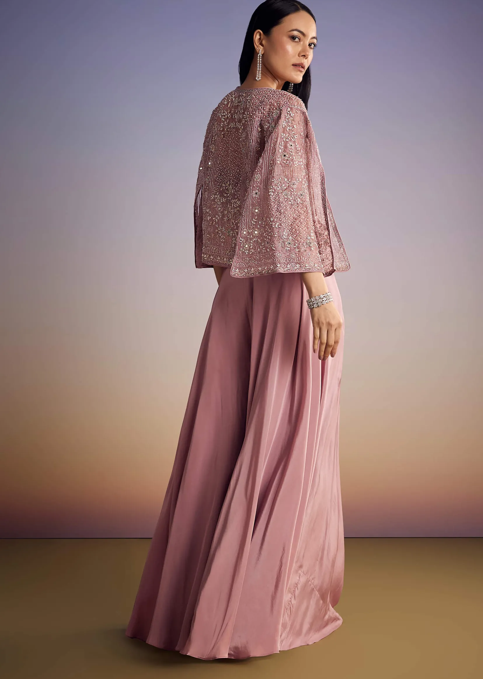 Onion Pink Organza Jacket Set With Cutdana And Beads Work