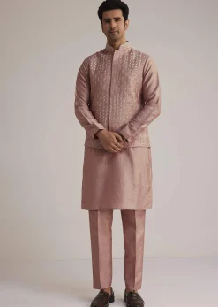 Onion Pink Raw Silk Kurta Set With Embroidered Nehru Jacket