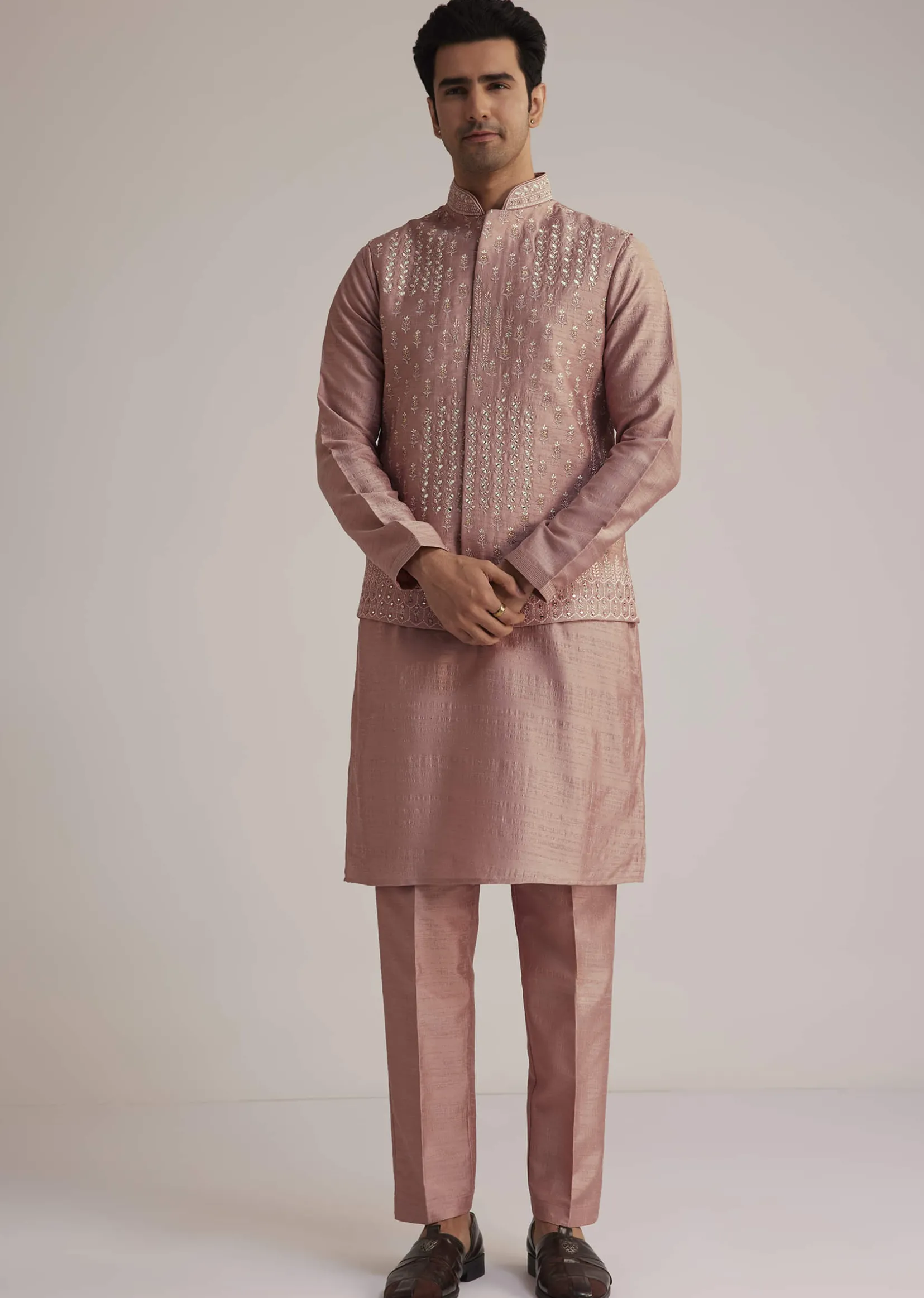 Onion Pink Raw Silk Kurta Set With Embroidered Nehru Jacket