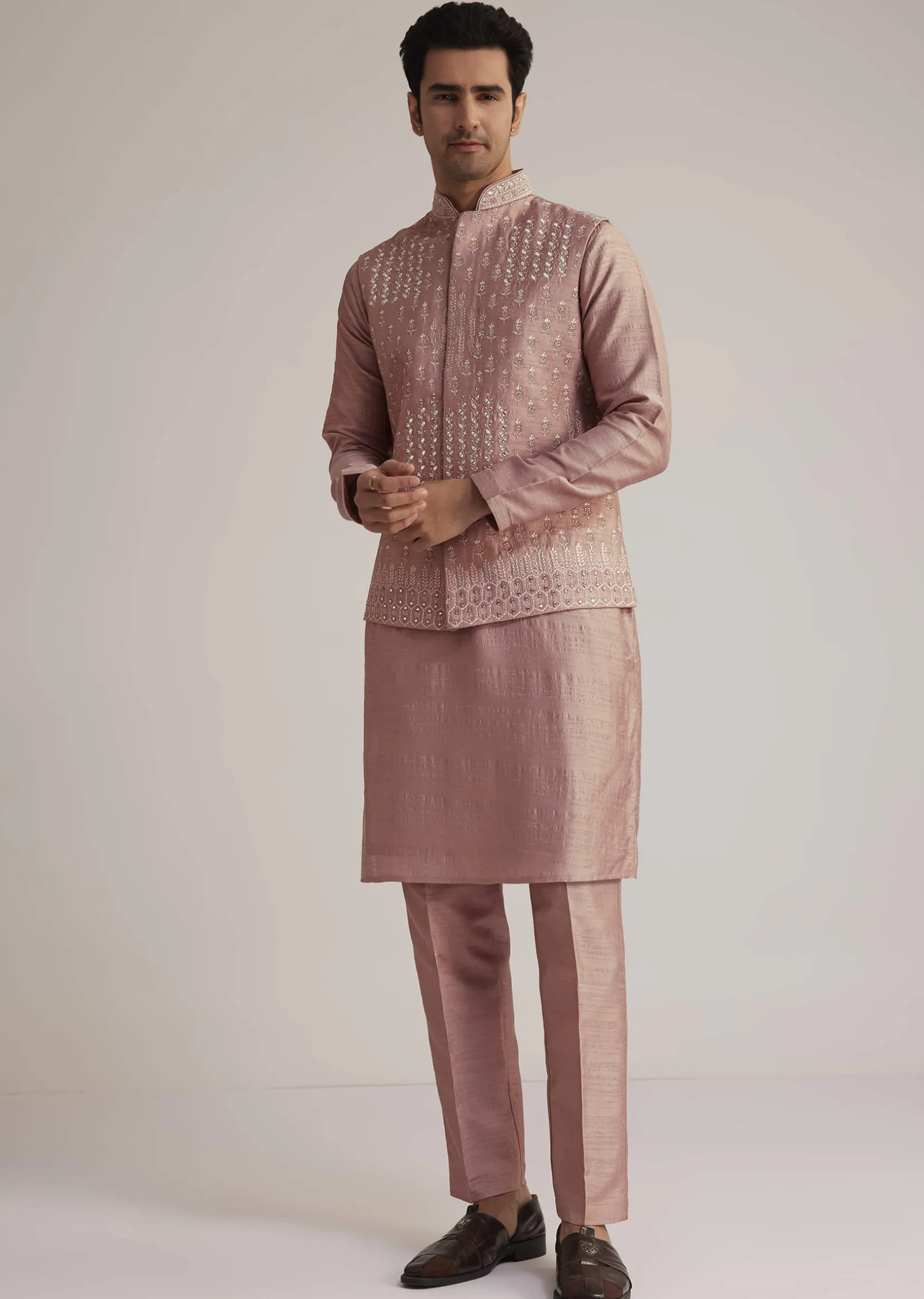 Onion Pink Raw Silk Kurta Set With Embroidered Nehru Jacket