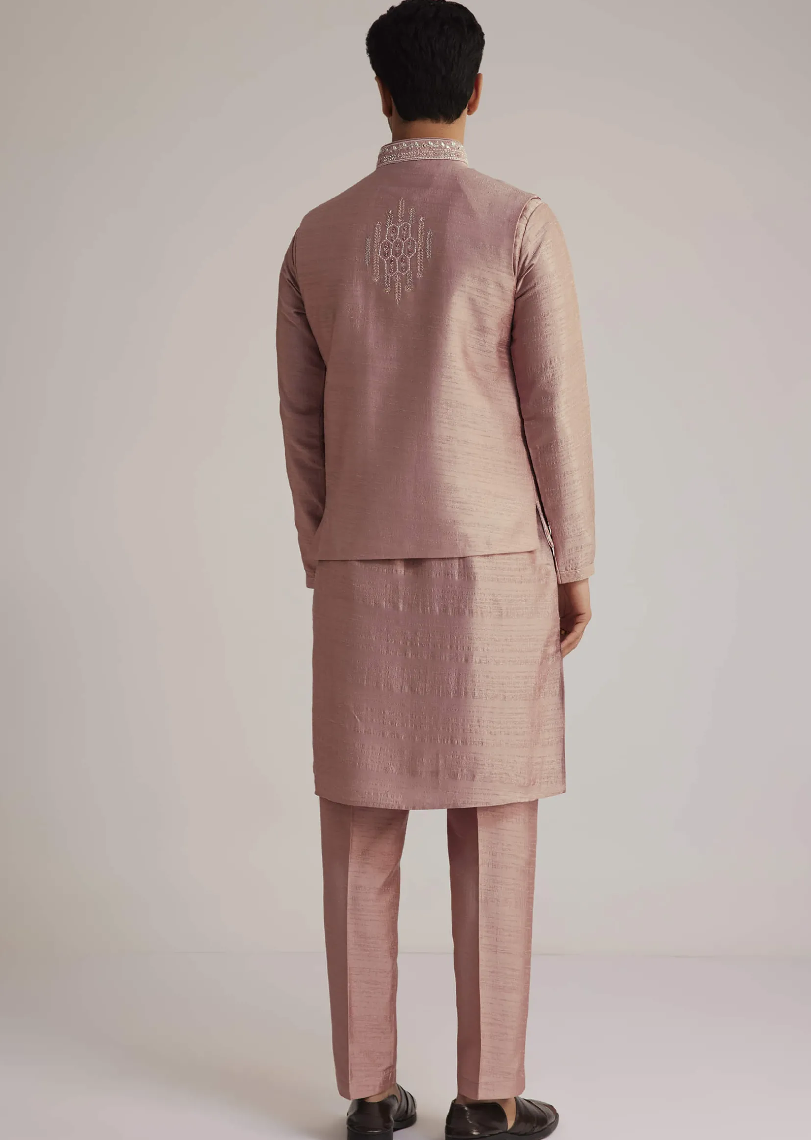 Onion Pink Raw Silk Kurta Set With Embroidered Nehru Jacket