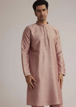 Onion Pink Raw Silk Kurta Set With Embroidered Nehru Jacket