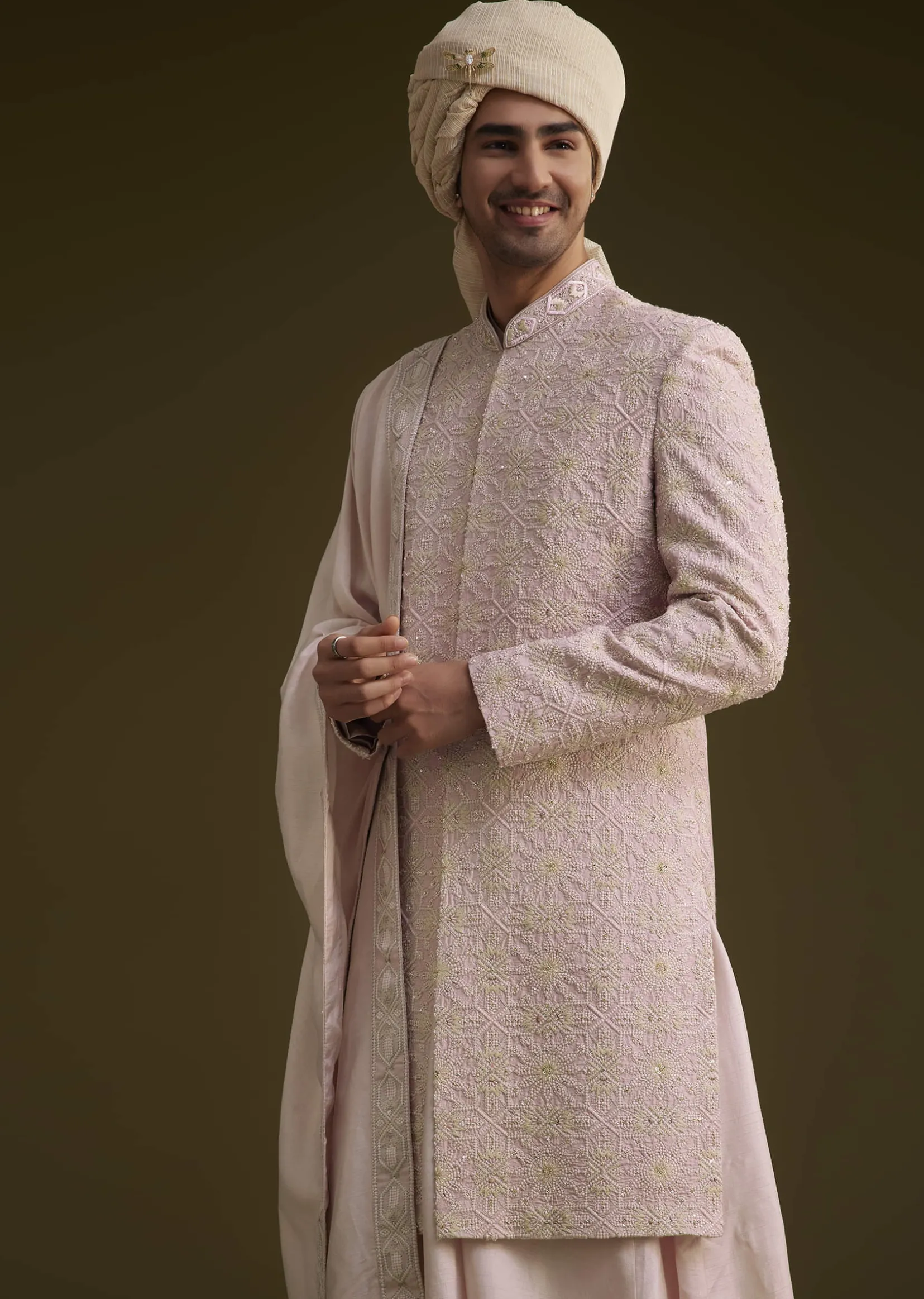 Onion Pink Raw Silk Sherwani Set With Dupatta