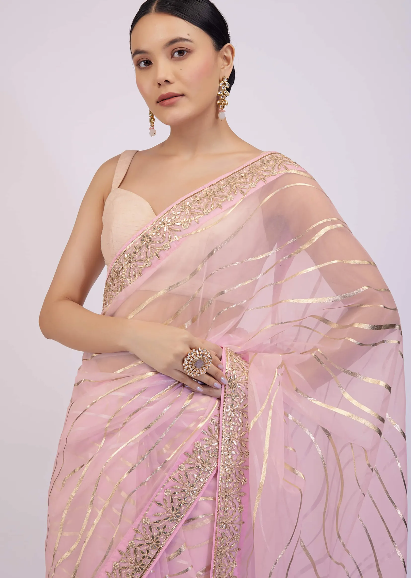Onion Pink Saree In Organza With Foil Print And Embroidery