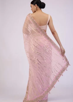 Onion Pink Saree In Organza With Foil Print And Embroidery
