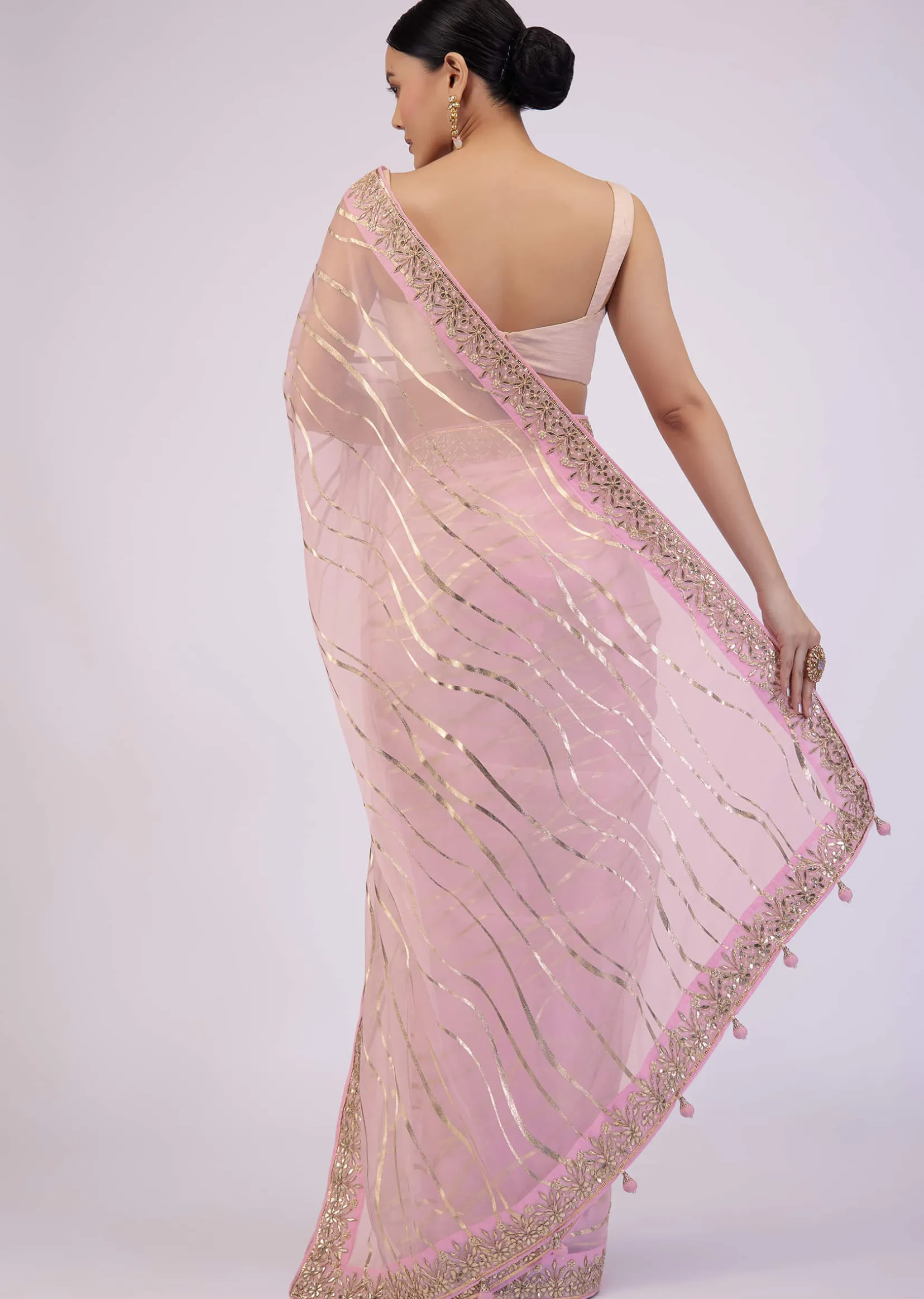 Onion Pink Saree In Organza With Foil Print And Embroidery