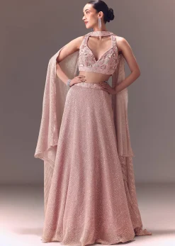 Onion Pink Sequin Embellished Lehenga Set With Choker Dupatta